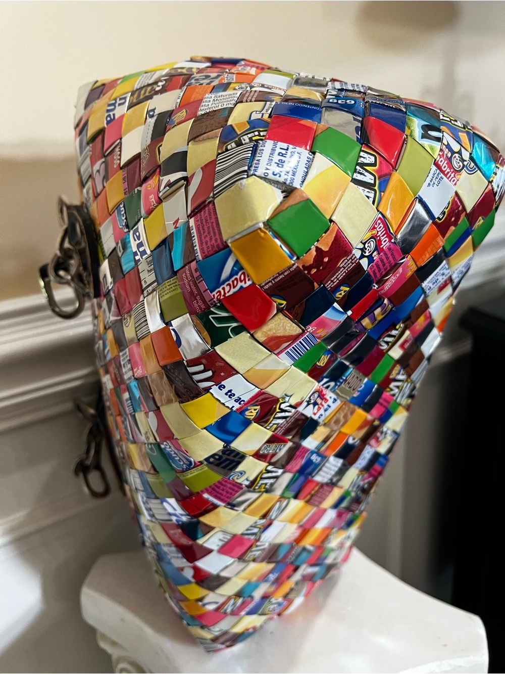 Recycled, Patchwork Hand Woven Candy Wrappers Structured Large Satchel. - Picture 10 of 17